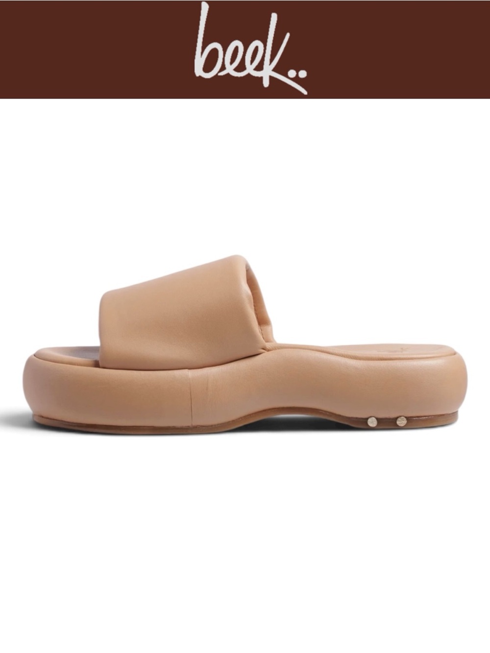 BEEK TRUMPETER BEACH TAN LEATHER PUFFY PLATFORM SLIDE SANDALS SIZE 8